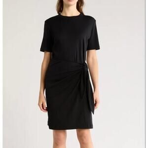 Vince Short Sleeve T-Shirt Dress Faux Wrap Side Tie Black Jersey Knit MEDIUM